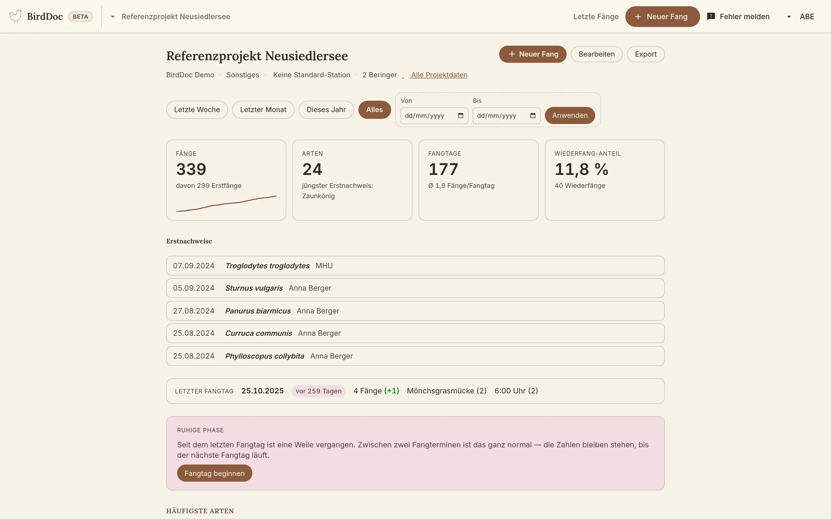 BirdDoc — station dashboard with catch statistics for a ringing project at Lake Neusiedl