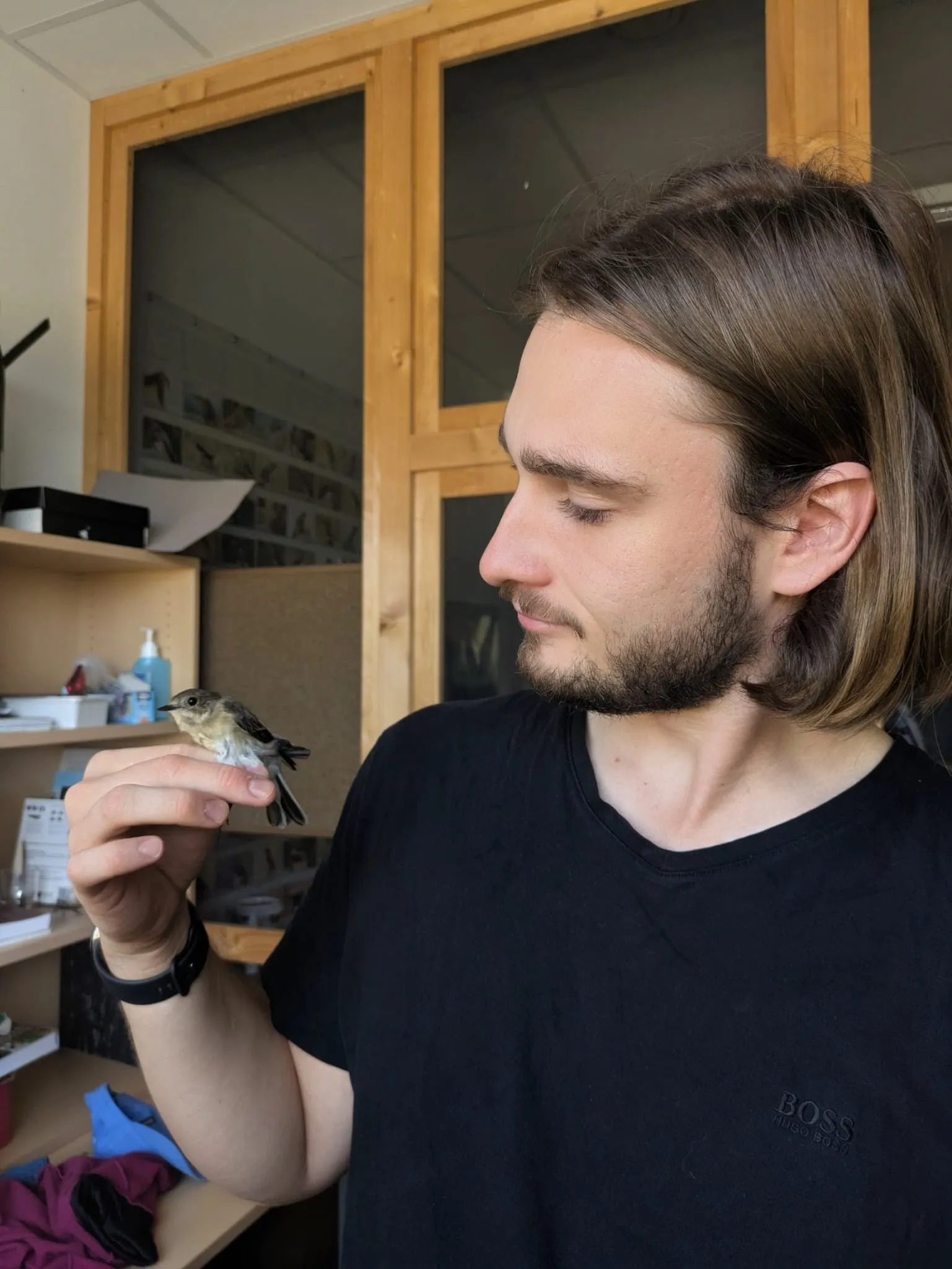 Leonard holding a small bird at the ringing station in Illmitz