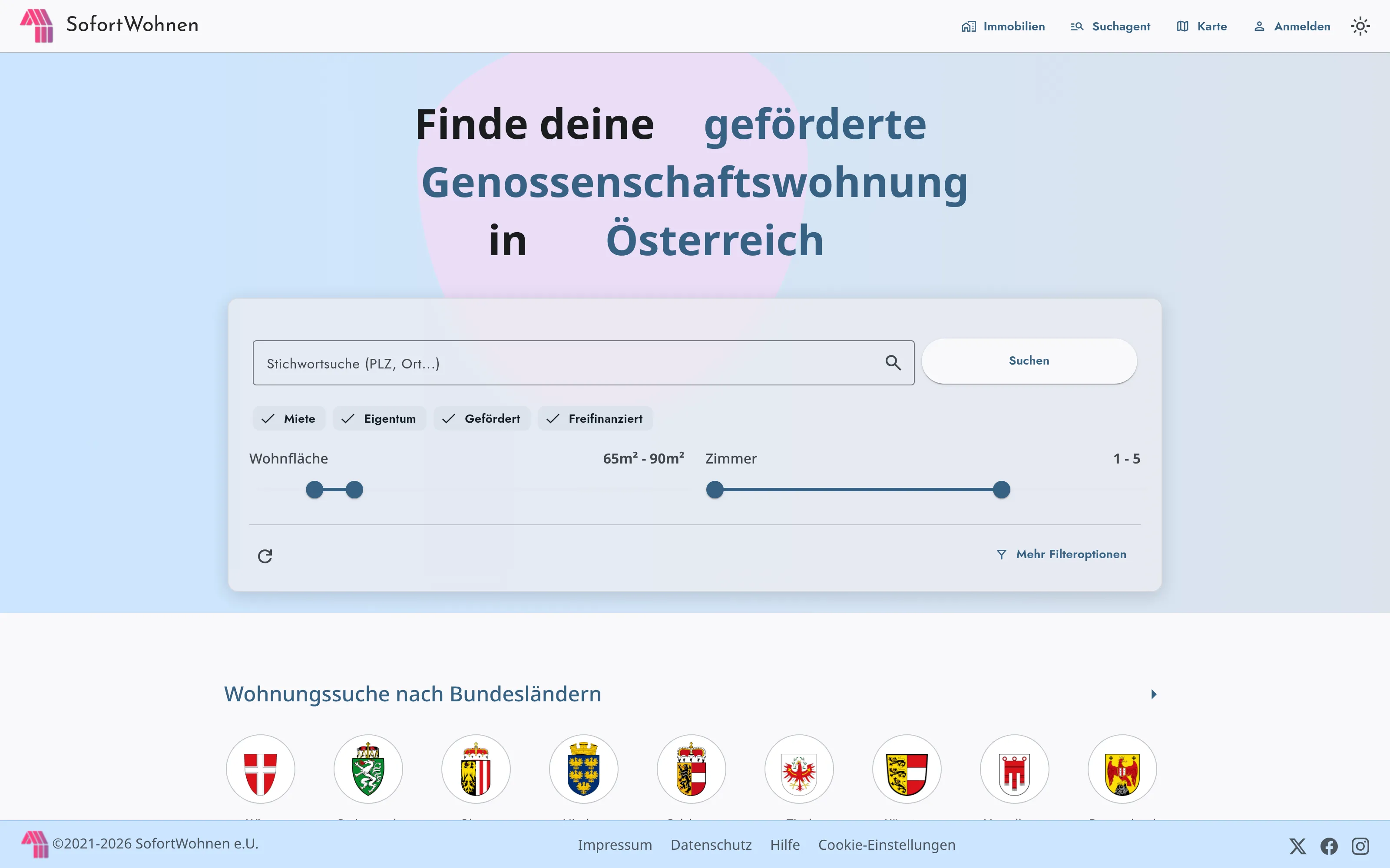 sofort-wohnen.at — apartment search with filters for Genossenschaftswohnungen across Austria